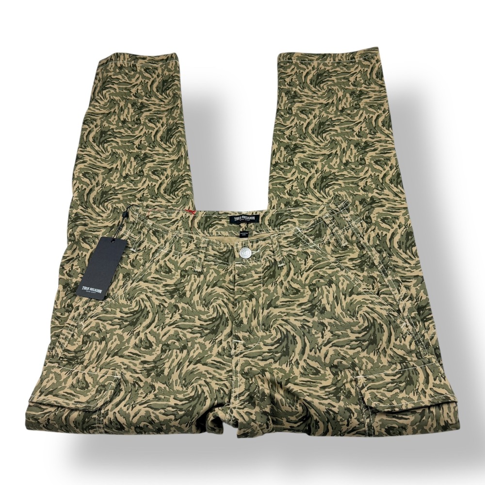 True Religion Mens Abstract Camo Cargo Pants 30x32 NWT Green Swirl 701122‎